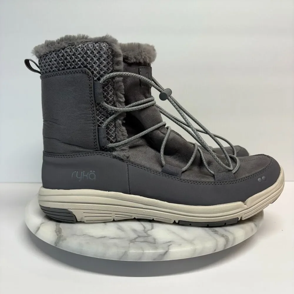 Ryka Boots Womens‎ 9 Gray Faux Leather Faux Fur Lined Aubonne Elastic Bungee